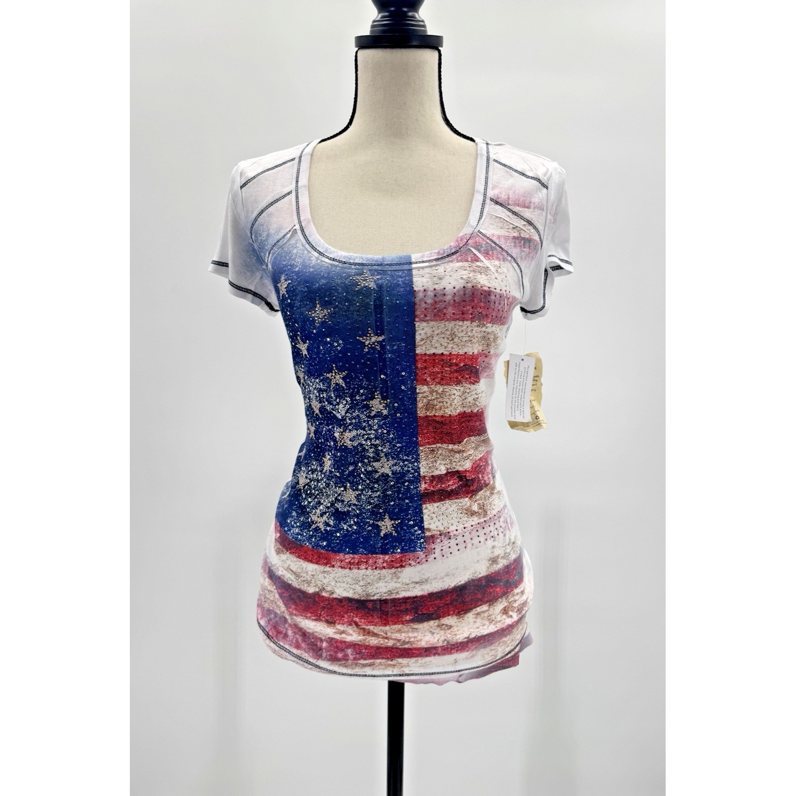 Y2k American Flag Top Medium Deadstock Shirt Rhinestone Red White Blue Bling — image 3 of 8